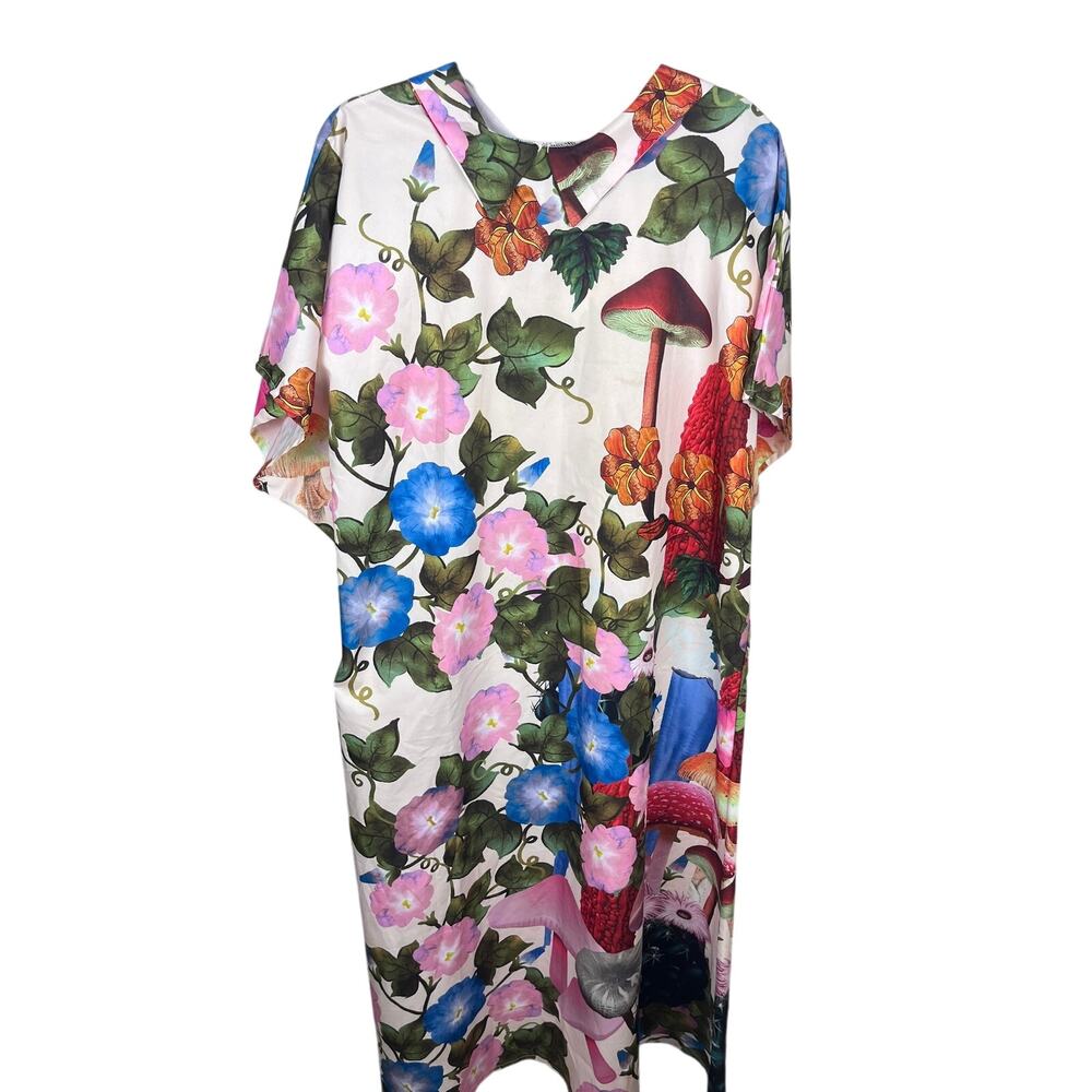 Handmade Cream Floral Mushroom Print Collar Midi Dress — Est Large XL